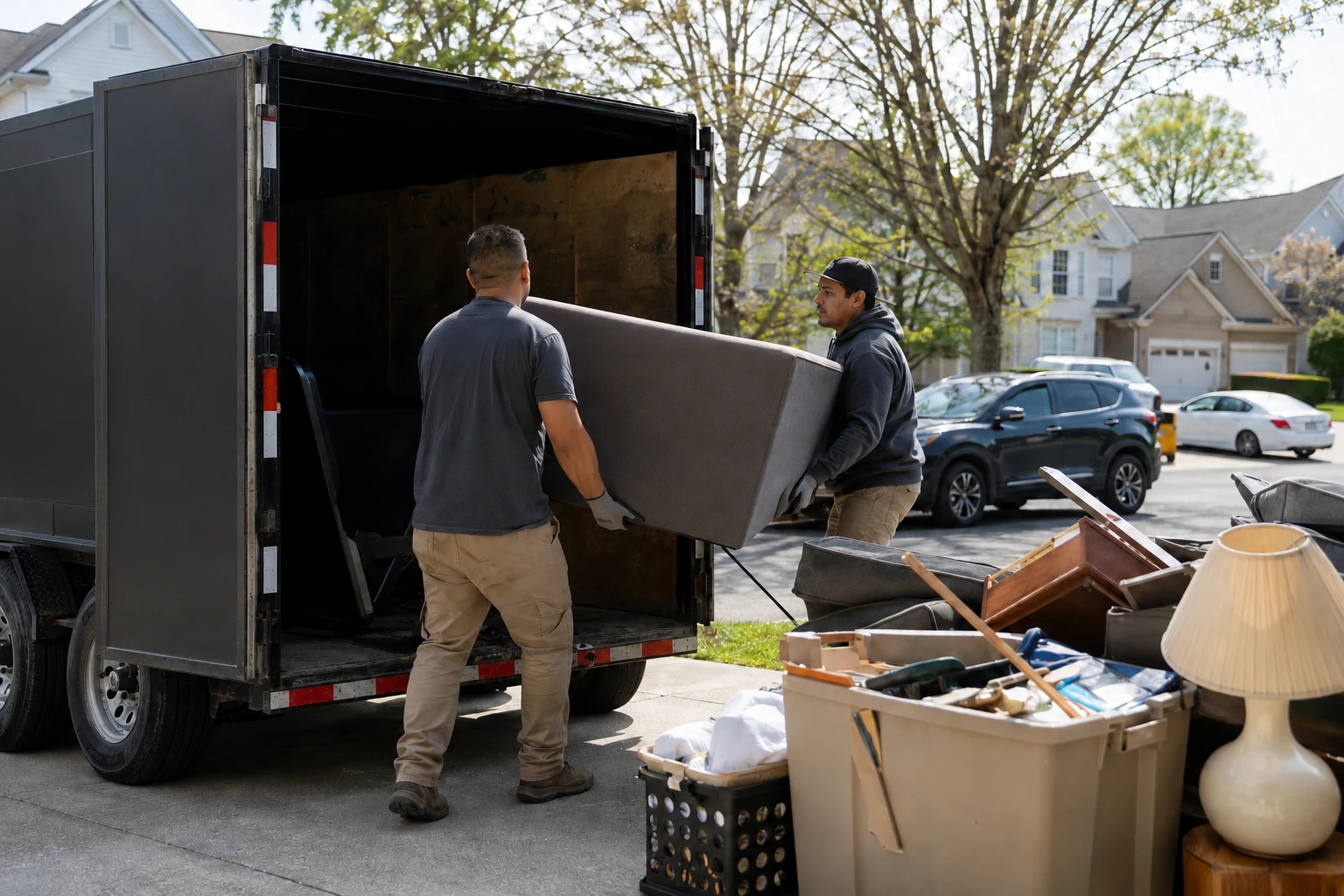 Junk removal crew loading household items into a hauling truck in a residential neighborhood