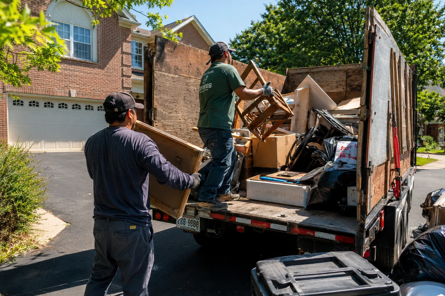 Workers loading mixed household junk into a hauling truck in a residential neighborhood